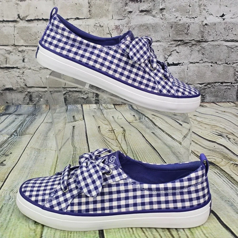 Sperry Crest Vibe Gingham Bow Sneakers Womens 9 Blue White Checkered STS88726